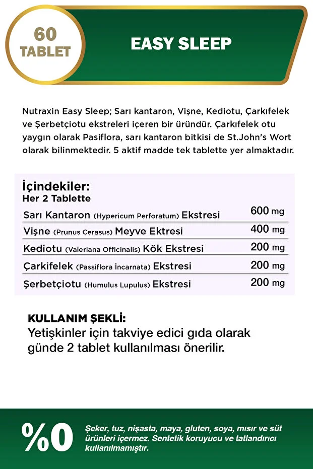 Easy Sleep 60 Tablet - Sarı Kantaron, Vişne, Kediotu Kök ve Çarkıfelek Ekstresi